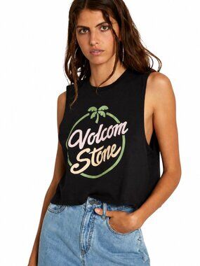 Volcom Stone Logo Cropped Tank Top in Black Small